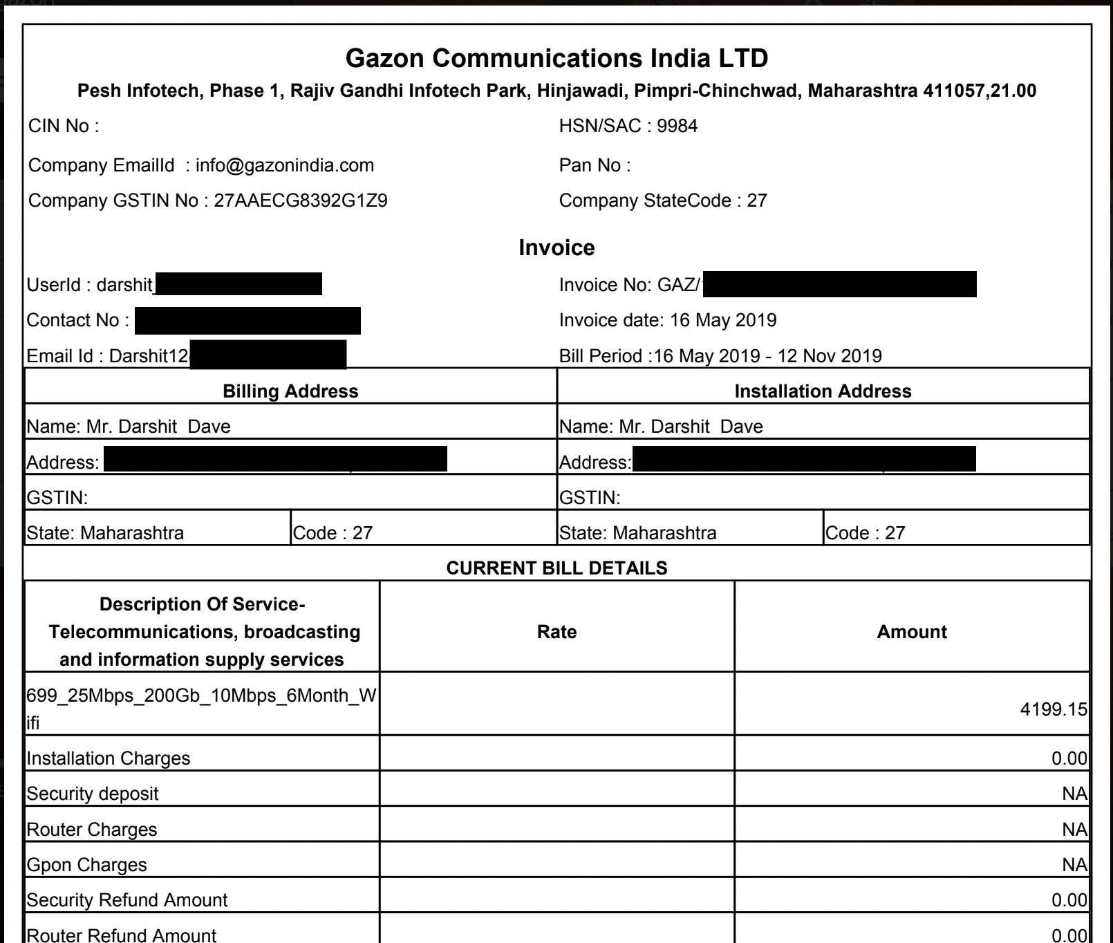 Gazon Payment Invoice